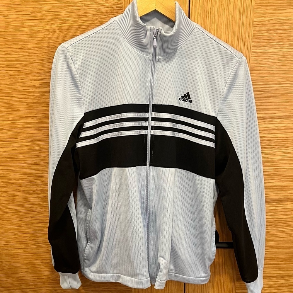 Adidas Women’s Zip Up Track Jacket Light Blue/Black 3-Stripes Sz L Euc